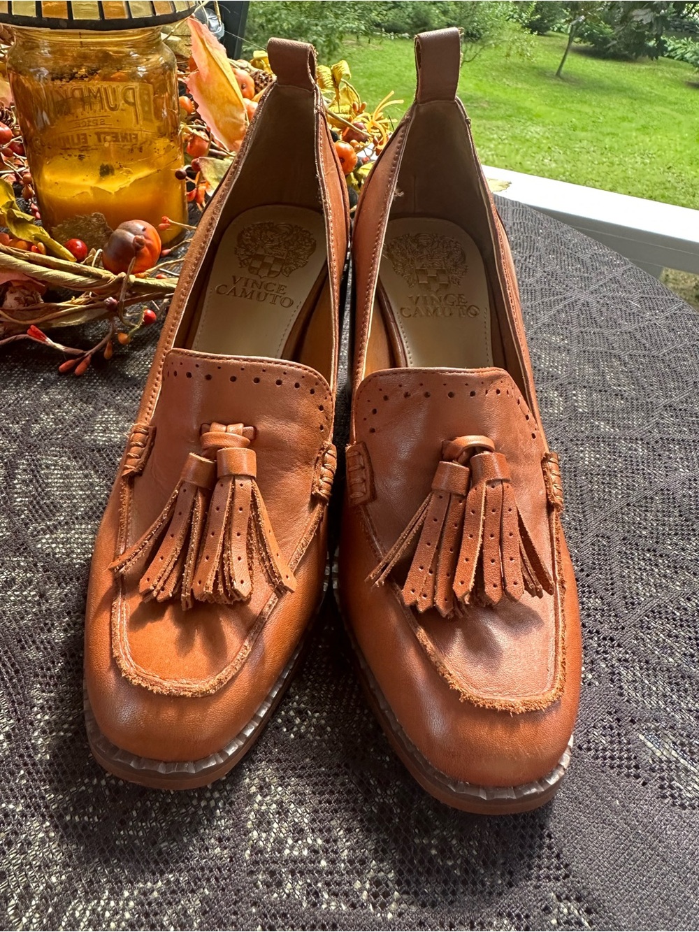 Vince Camuto Tan Leather Tassel Block Heel Loafers NWOT - Picture 2 of 11